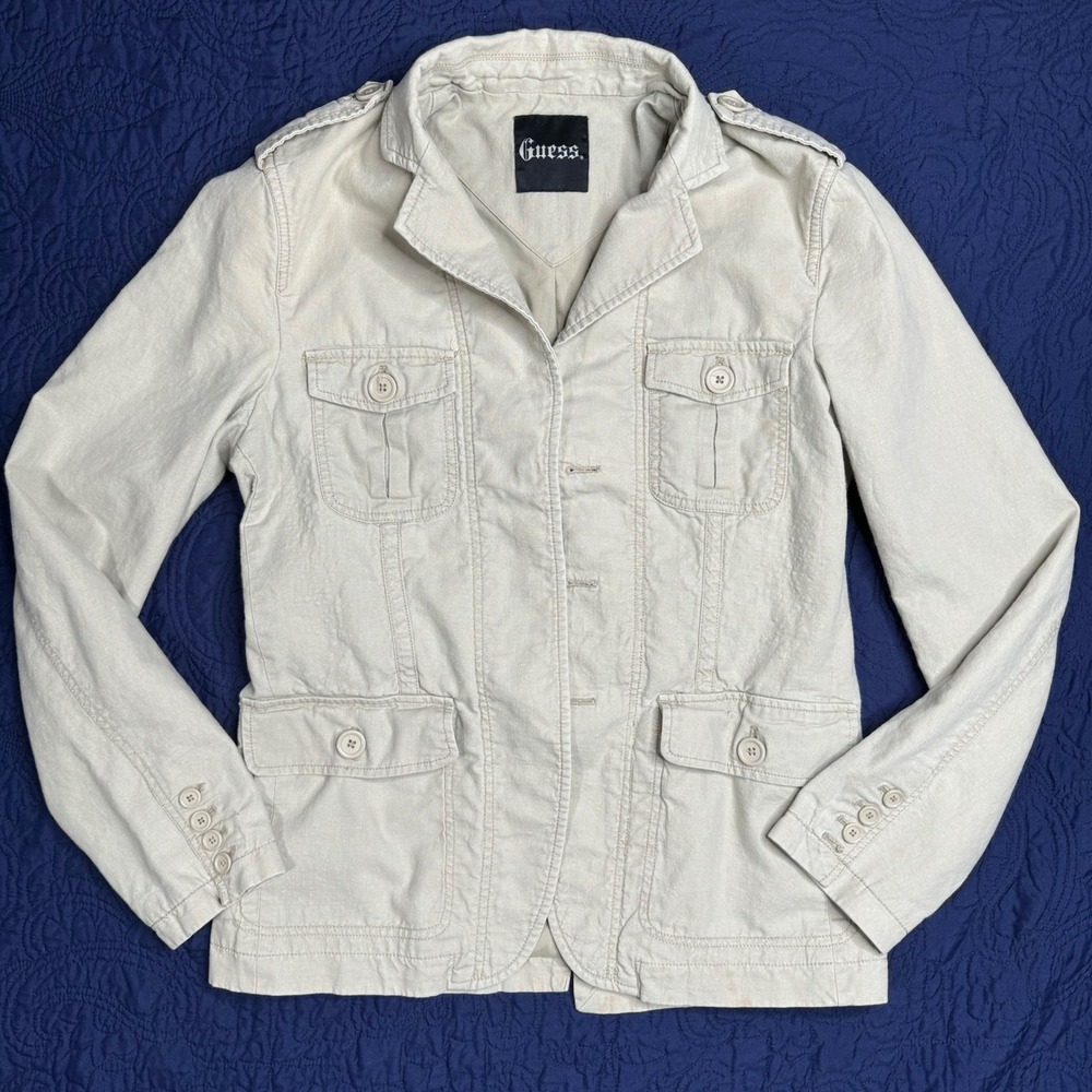 Guess Womens Safari chore Jacket Linen‎ Cotton Blend Buttons Size Small Flawed
